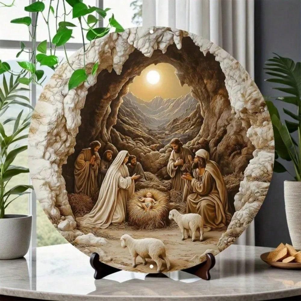 Metal Nativity Scene Christmas Wall Art Round Aluminum Decor Home Gift