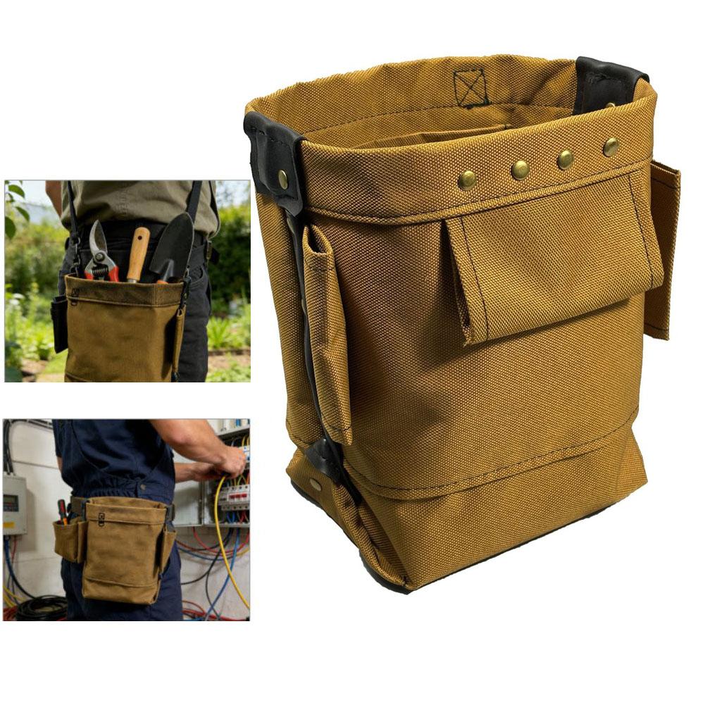 Heavy Duty 1200D Oxford Tool Waist Bag With Reinforced Leather Belt For Electrician Carpenter Gardener Storage Organizer