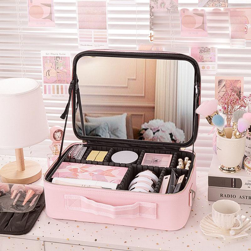 PU Leather Waterproof Multifunctional Cosmetic Storage Case With Mirror Lipstick Jewelry Make-Up Brush Organize Deposit Box