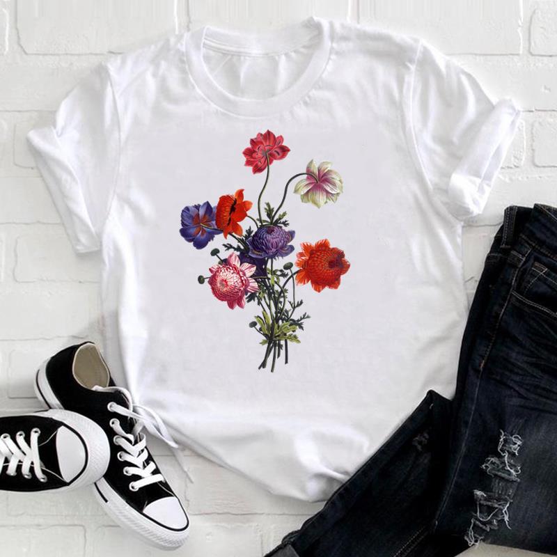 (European Size) 90s Tee Top Fashion Flower Watercolor Lovely T Shirt Clothing Casual Short Sleeve Women Print Lady Female Graphic T-shirt