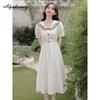 Japanese Preppy Style Summer Women White Dress Sailor Collar Jacquard Cotton Sweet Dress Short Sleeve Girl's Casual Midi Dress