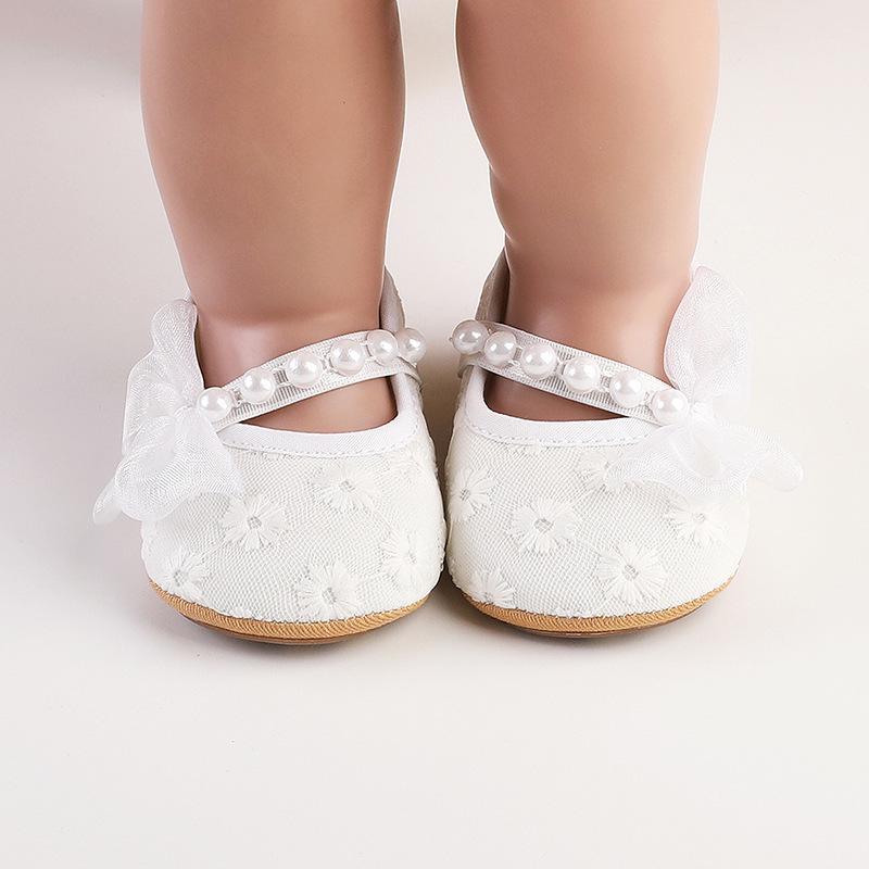 Spring & Autumn Lace Pearl Princess Shoes for Infant Girls (0-1 Year) – Solid Color Walking Shoes