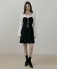 Riorg Rie Ribbon Square Neck Puff Long Sleeve Mini Ops Black