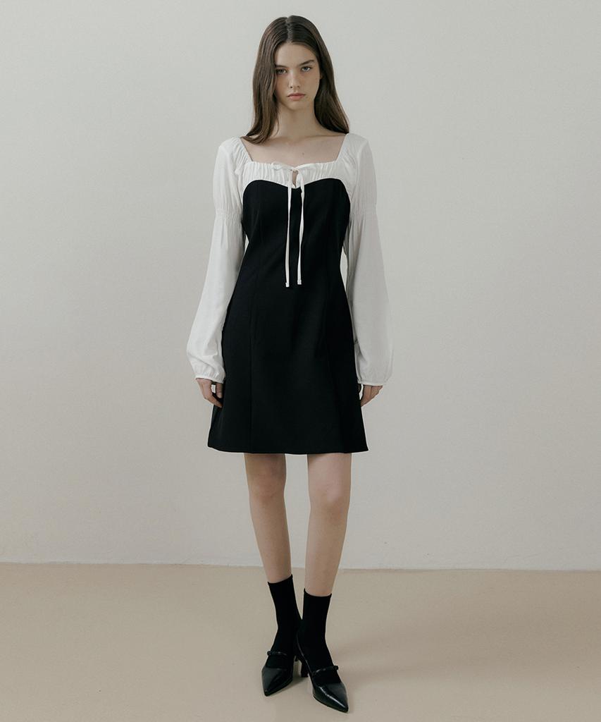 Riorg Rie Ribbon Square Neck Puff Long Sleeve Mini Ops Black