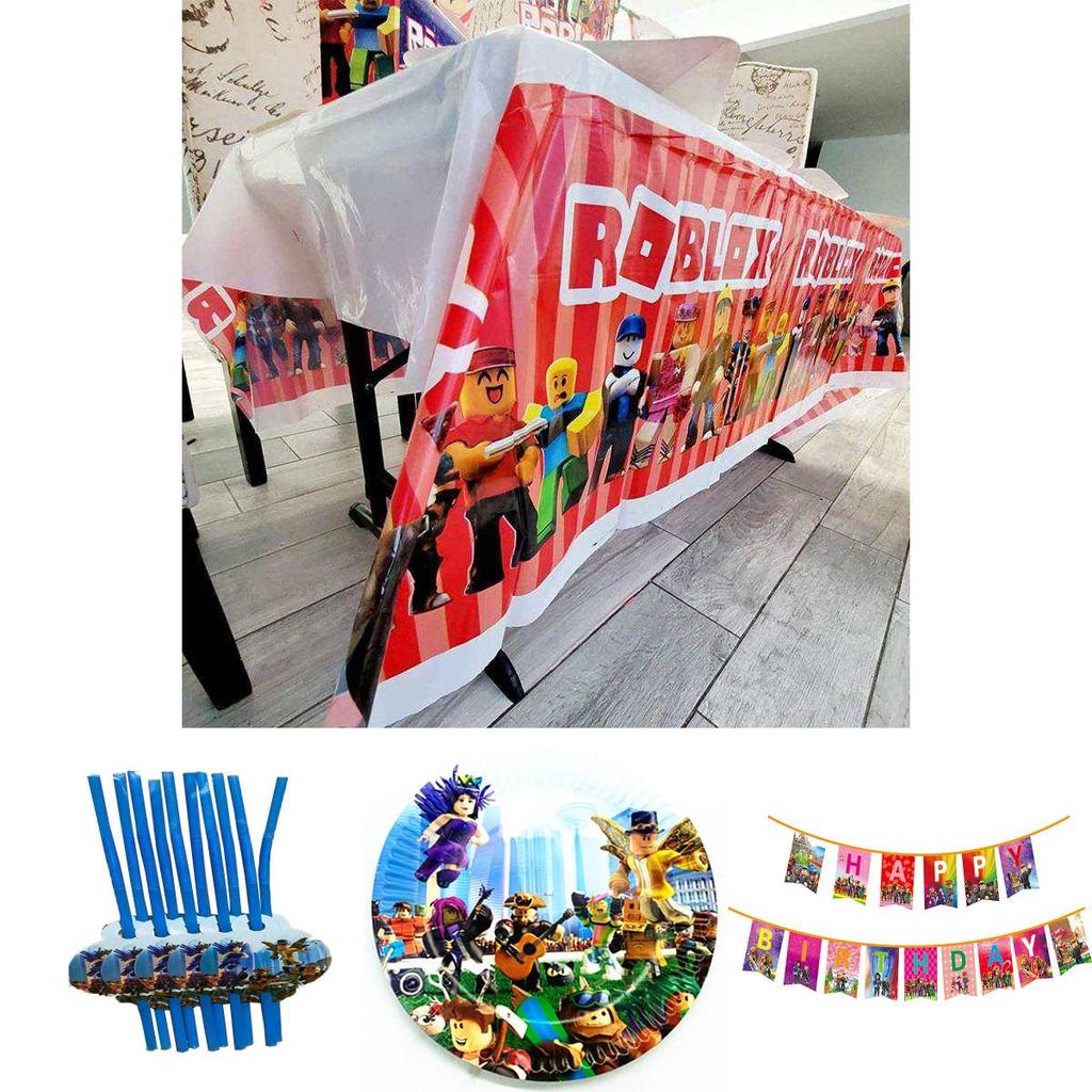 Farbenfrohe Roblox-Mottoparty-Artikel für Kindergeburtstage mit Bannern und Tortenaufsätzen
