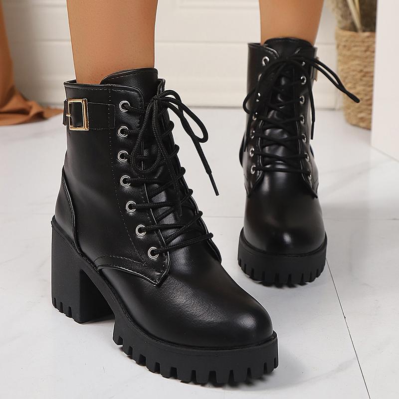 Fashion Women's Fashion Chunky Heel Ankle Boots with Belt Buckle Black PU Leather High Heeled Platform Booties Woman Autumn Winter Shoes