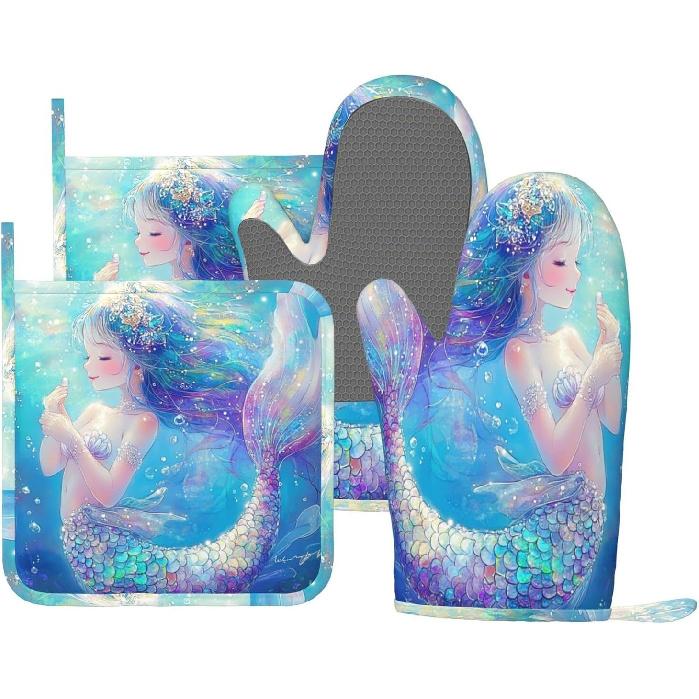 Oven Mitts Pot Holders Set Vintage Butterfly Moon Flower Silicone Kitchen Gloves Potholders Heat Resistant for Chef Baking Cooking Grilling BBQ 4
