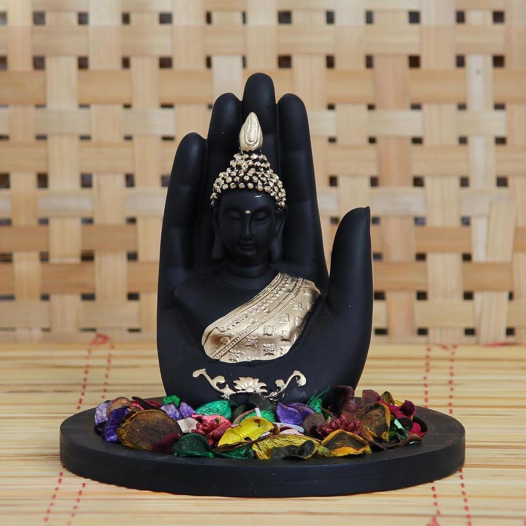 Black Golden Resin Palm Buddha Statue Potpourri Tea Light Holder| Lord Buddha Statue for Living Room| Gautam Buddha Idol for Home Decor|