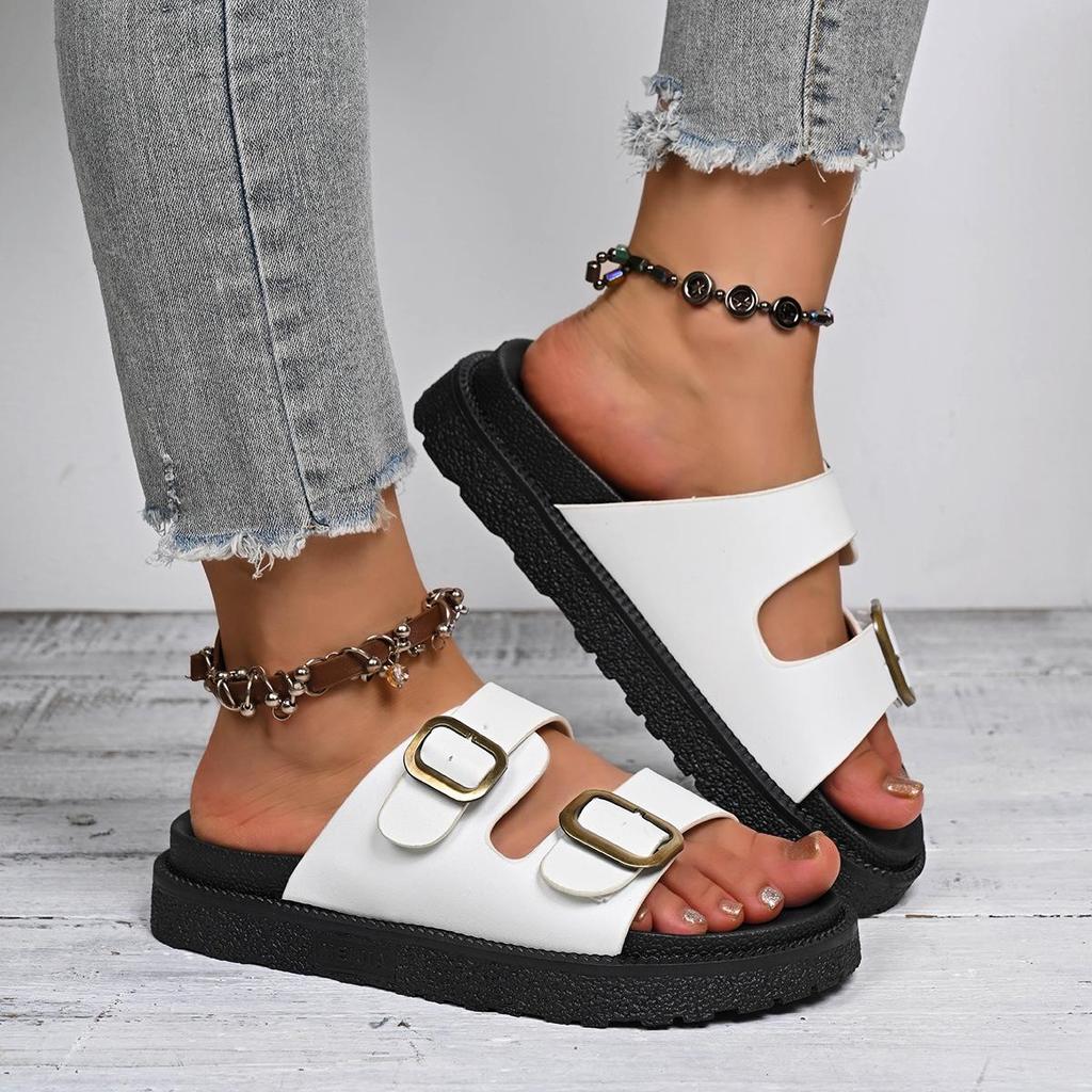 Leopard Print Cross Rivet Thick-Soled Women's Slippers - Summer 2025 European American Fashion with Single Strap Buckle in Plus Sizes.
