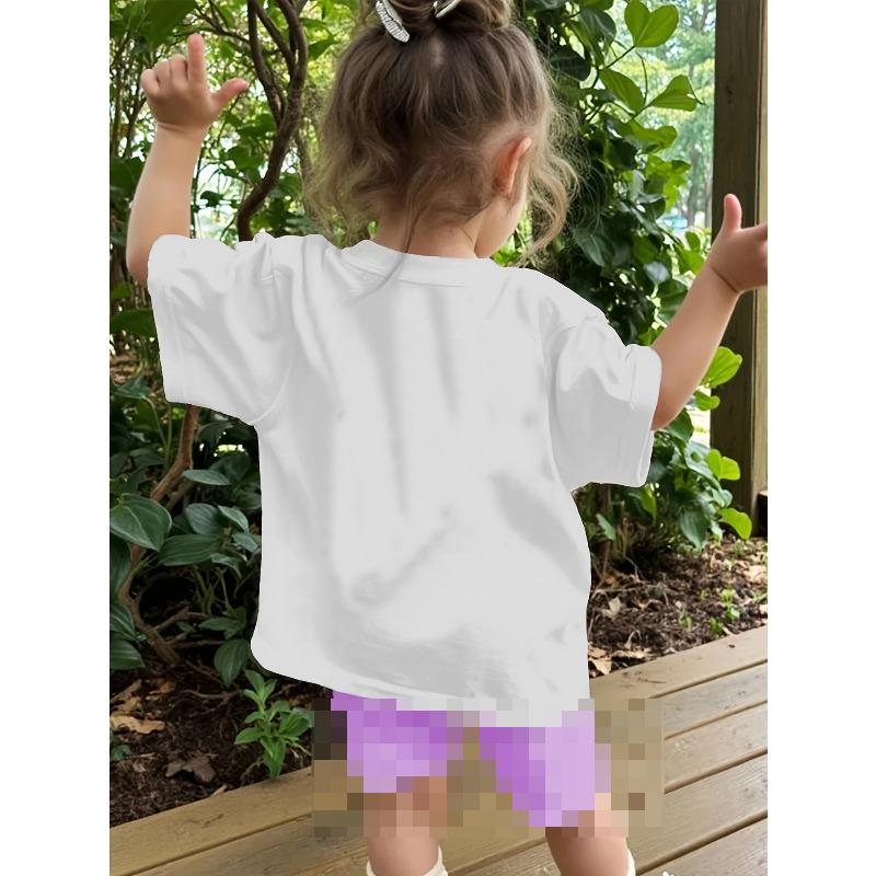Tailles européennes Été Enfants Filles Cœur Papillon Imprimé Mode Décontracté T-shirt à Manches Courtes, Parfait pour l'Extérieur
