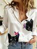 Women Cute Cat Butterfly Graphic Print Lapel Collar Long Sleeve Shirt Loose Button Down Casual Office Blouse Tops