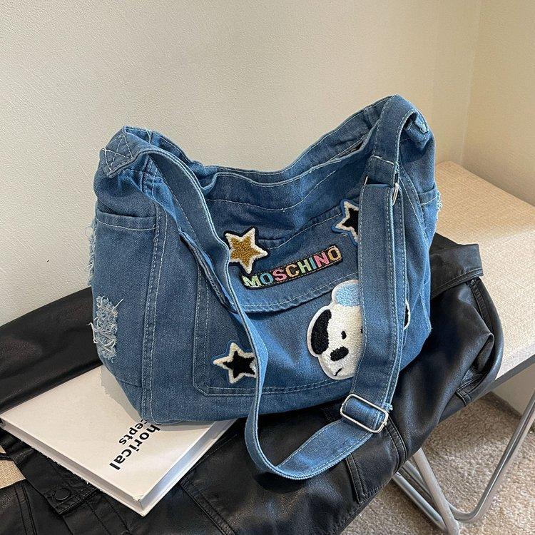 Korean Versi Carto Embroidered Washed Denim Bag for Students One Shoulder Crossbody Tote Bag, Casual and Simple Women's Bag