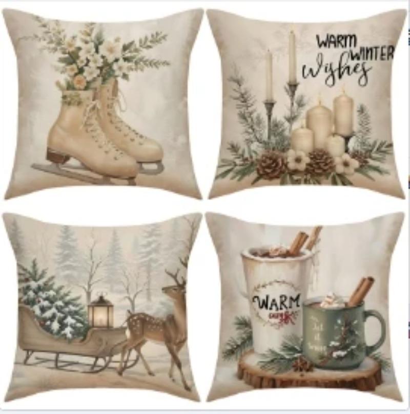 45x45cm Christmas Pillow Covers Set of 4,Winter Decorative Pillow Case, Merry Christmas Tree Cushion for Home Sofa Xmas Decor