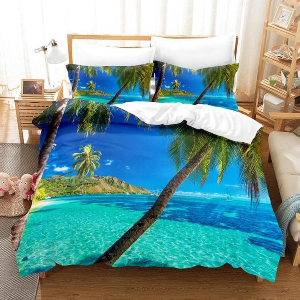 Zonsondergang Zeezicht Palmboom Beddengoed Set Ademend En Zacht Machine Wasbaar 100% Polyester Dekbedovertrek Set Voor Huisdecoratie