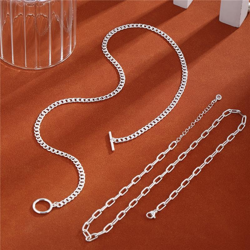 Silbernes doppellagiges Sicherheitsnadel-Kettenhalsband mit kubanischer OT-Schließe 42+46+5cm Gliederkette für Geschenk Hauptmaterial Messing S0870