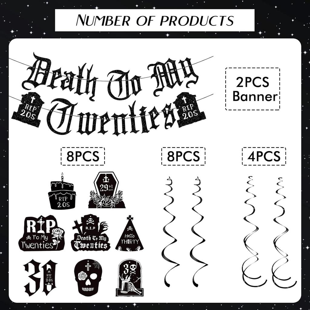 Death To My 20s Decorations - 14pcs Black 30th Birthday Party Decorations Banner Hanging Swirls Rip To My 20s Birthday Decor Party Ceiling Supplies