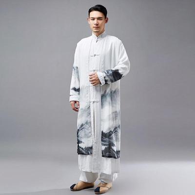 Men's Chinese Style Cotton Linen Long Spring Shirt - National Performance Stage Robe
