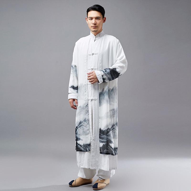 Men's Chinese Style Cotton Linen Long Spring Shirt - National Performance Stage Robe