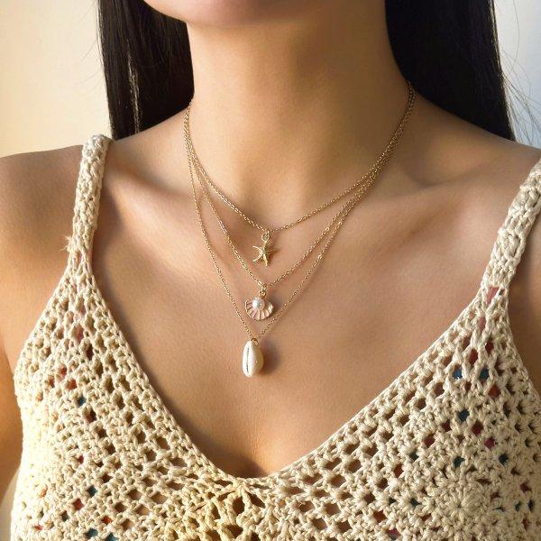 3Pcs Bohemian Conch Starfish Pendant Necklace For Women Conch Seashell Gold Color Metal Chain Choker Summer Beach Party Jewelry