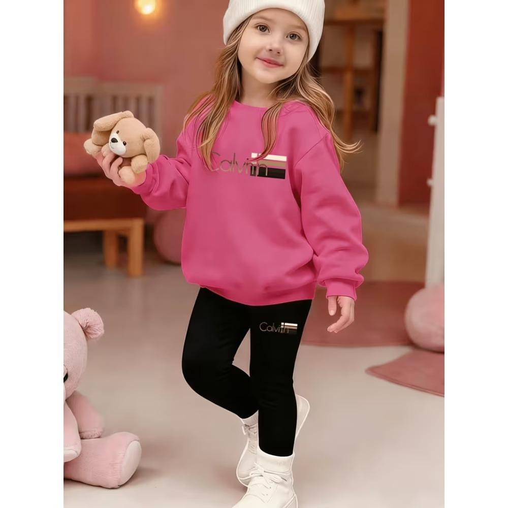 Girls' Letter Logo Casual Comfortable Soft Loose Pullover Sweatshirt and Leggings 2-Piece Set, New Autumn/Winter, Playful, Sweet and Cool Style
