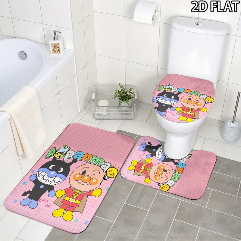 3pcs Anpanman Pattern Flannel Nonslip Absorbent Washable Decorative Bathroom Home Toilet Seat Cover Mat
