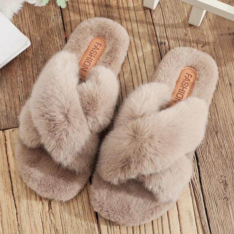 Women Warm Fluffy Slippers Cozy Faux Fur Cross Indoor Floor Slides Flat Soft Furry Ladies Female Celebrities Flip Flops
