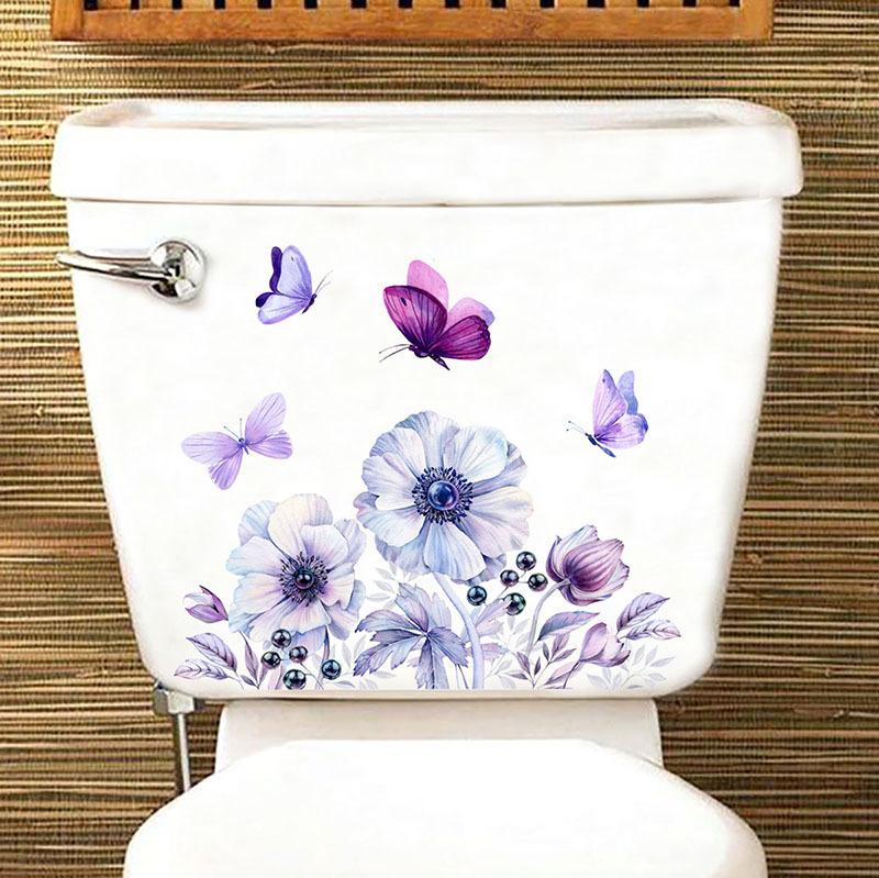 Adesivi per WC Fiori Viola e Farfalla, Decalcomanie Impermeabili Rimovibili per Decorazione Parete Bagno, Autoadesivi