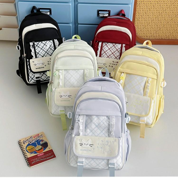 Schoolbag Japanese School Bag Female Cat Letter Plaid Large Capacity Backpack Sweet Versatile Junior High School Girls Light Backpack