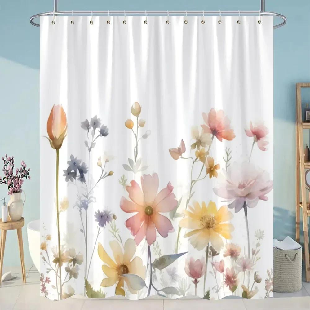 Sunflowers Lavender Shower Curtains Green Plants Popular Flowers Small White Daisy Butterflies Hanging Curtains Bathroom Decor