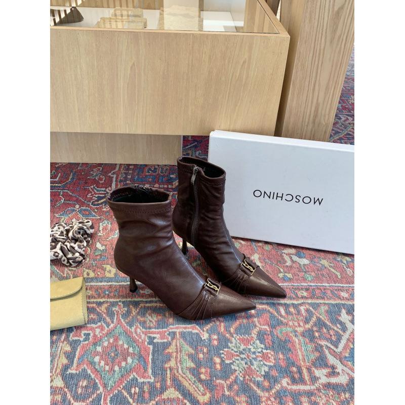 2025 autumn and winter new fashion thin boots pointed glossy high-heeled short boots belt buckle thin-heeled short boots fashion boots