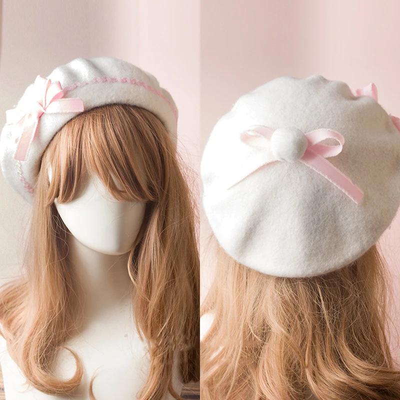 

Handmade Women Wool Felt Beret Lolita Girls Cute Hat With Raised Bowknot Painter Beanie Cap