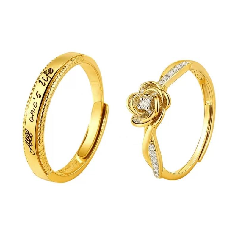 Adjustable Classic Couple Rings Set Rhodium/Gold Plated Brass Open Rings with Zircon Flower Design for Lovers