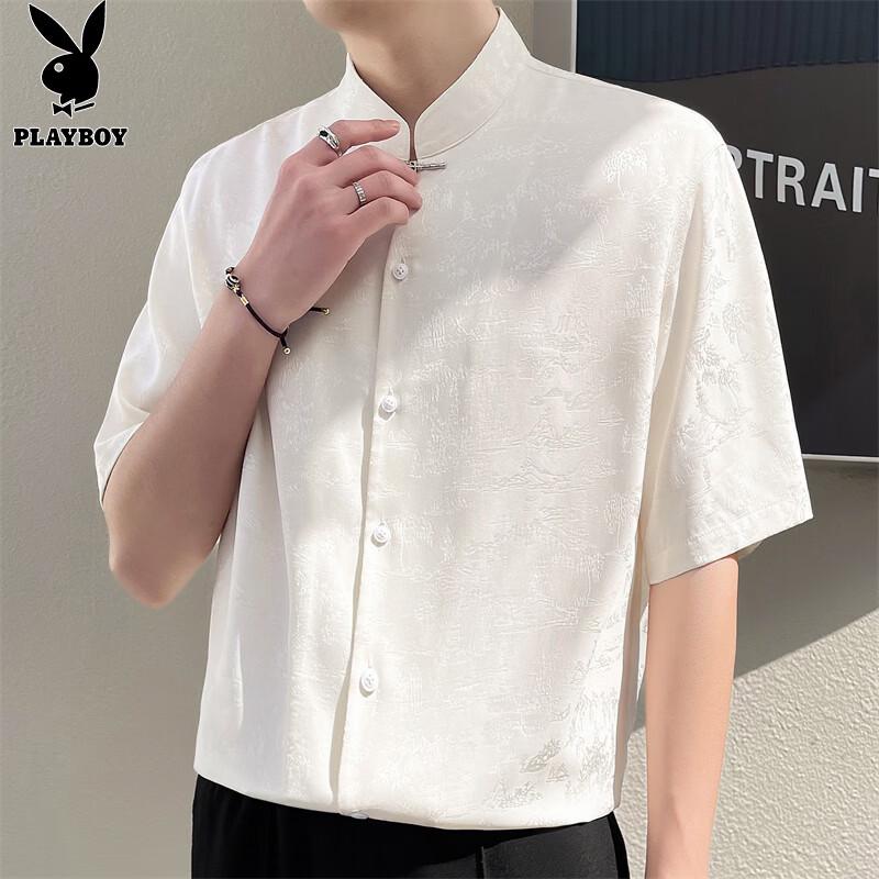 PLAYBOY Men's Ice Silk Short-Sleeve Stand Collar Jacquard Shirt