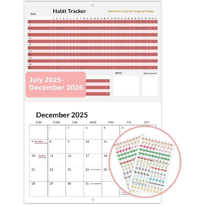 2026 Wall Calendar, Habit Tracker Calendar, Wall Calendar with Stickers, ADHD Cleaning Planner, 18 Monthly Calendar, Monthly Habit Tracking Planner,