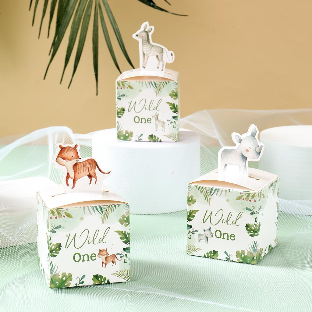 Bonboniéry s džunglovými zvířátky Safari Dekorace na narozeninovou oslavu Dětská dárková balicí krabička Wild One Potřeby na Baby Shower Krabička Taška