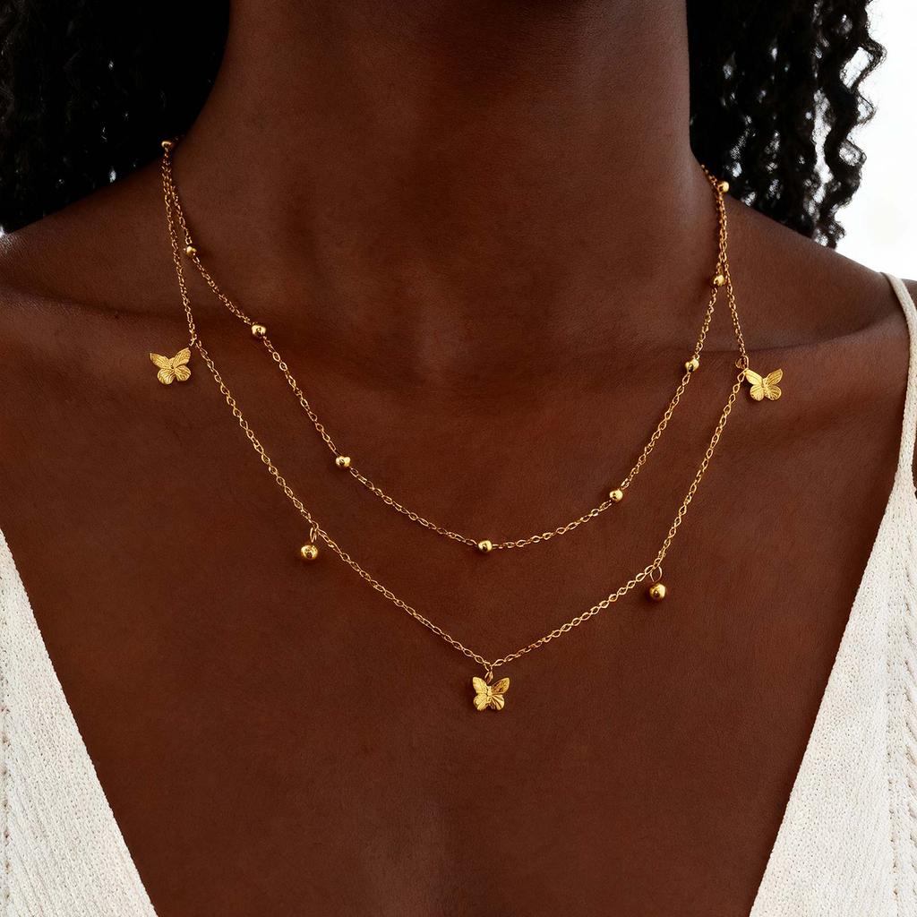 Stainless Steel Double Layer Stacked Necklace for Women,Gold Color Butterfly Bead Chain Necklaces,Trendy Jewelry Gift