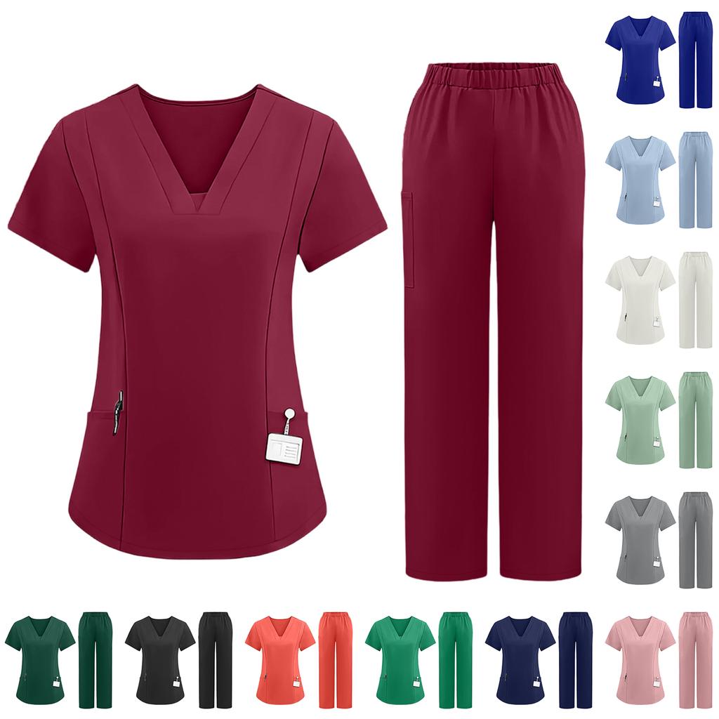 Women's Uniform Scrub Set - V-Neck Short Sleeve Top with Pockets and Drawstring Pants, Quick Dry Color for Healthcare Workers