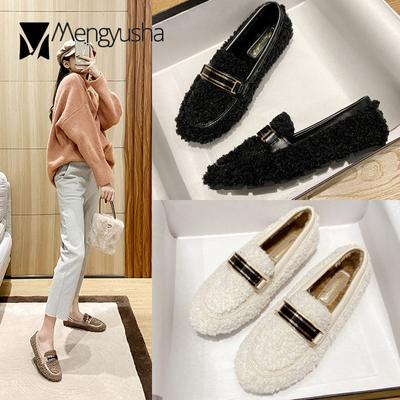Fashion Curly Wool Fur Moccasins Woman Metal Buckle Fur Flats Ladies Winter Cotton Shoes Slip On Warm Plush Loafers Plus Size 34-44