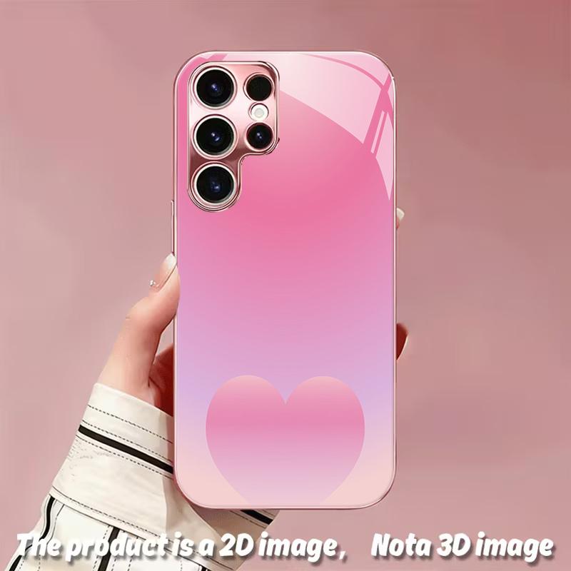 2DFlat Samsung electroplated tempered glass phone case,Soft Pink Heart DesignSuitable for Galaxy S26 S23 S24FE S25ULTRA S22 S21