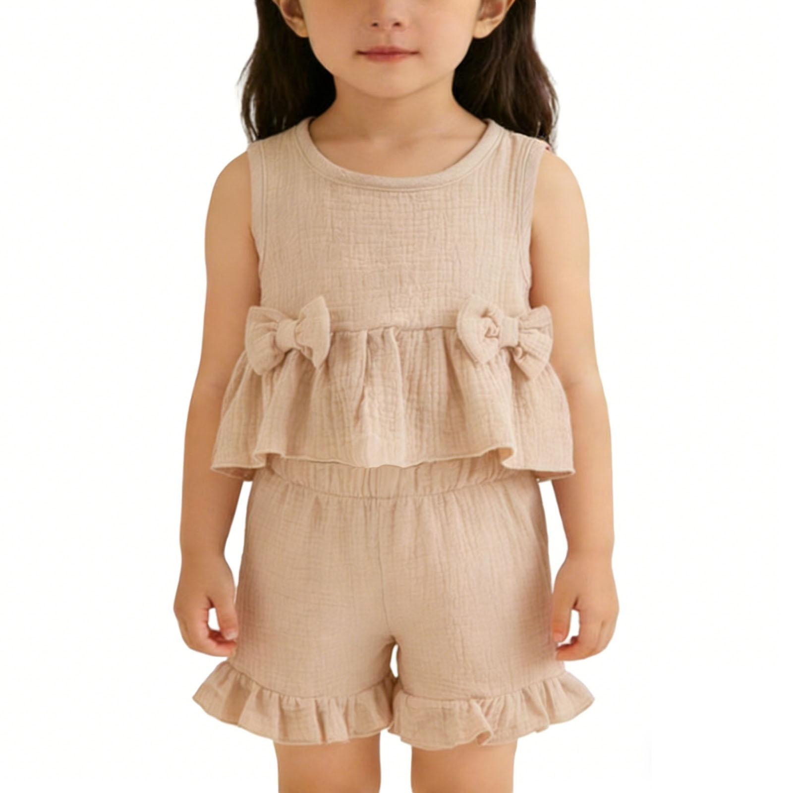 Children s Sweet Set Cute Vest Shorts Girls Sleeveless Casual Two-Piece Set 120 бежевый