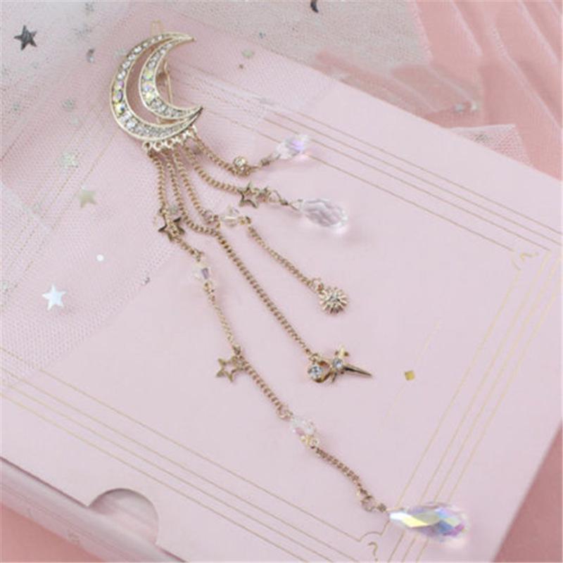 European & American Fashion Crescent Crystal Moon Tassel Hairpin for Women