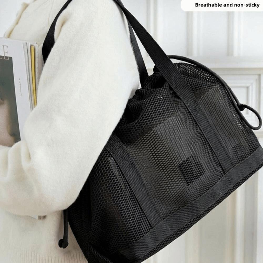 Foldable Mesh Beach Bag Drawstring Closure Hollowed-out Drawstring Handbag Breathable Large Capacity Shopping Bag Beach Use