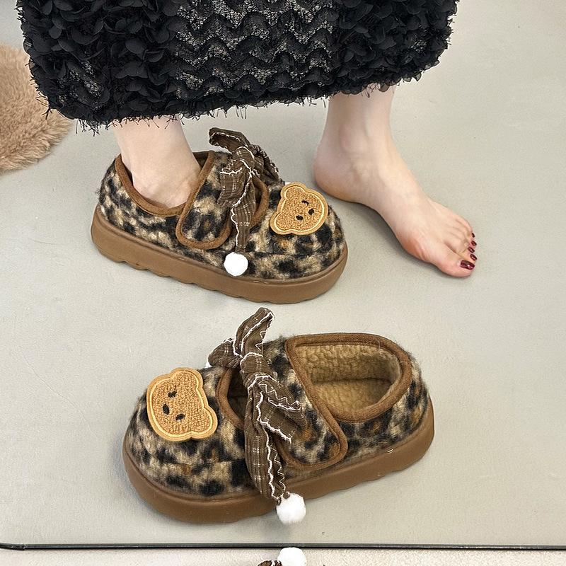 Leopard print broken diamond flat Mary Jane shoes cartoon platform fluffy shoes women's autumn and winter fashion versatile cotton shoes plush sing