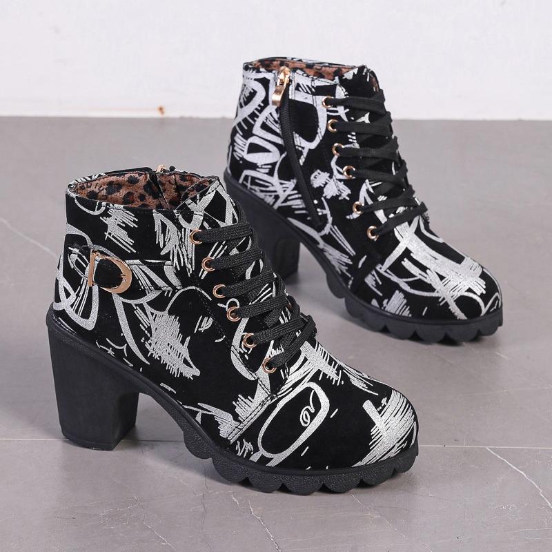 Fashion 2024 New Fashion Round Toe Women's Boots, Versatile Spring and Autumn Mid-calf Side Zipper Printed Comfortable Women's Boots