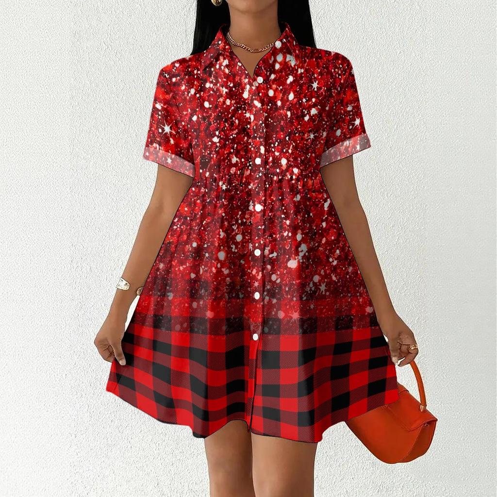 Women's Casual Loose Fit Shirt Dress Button Front Short Sleeve Turn Down Collar Dress with Printed Pattern Suitable for Daily Wear