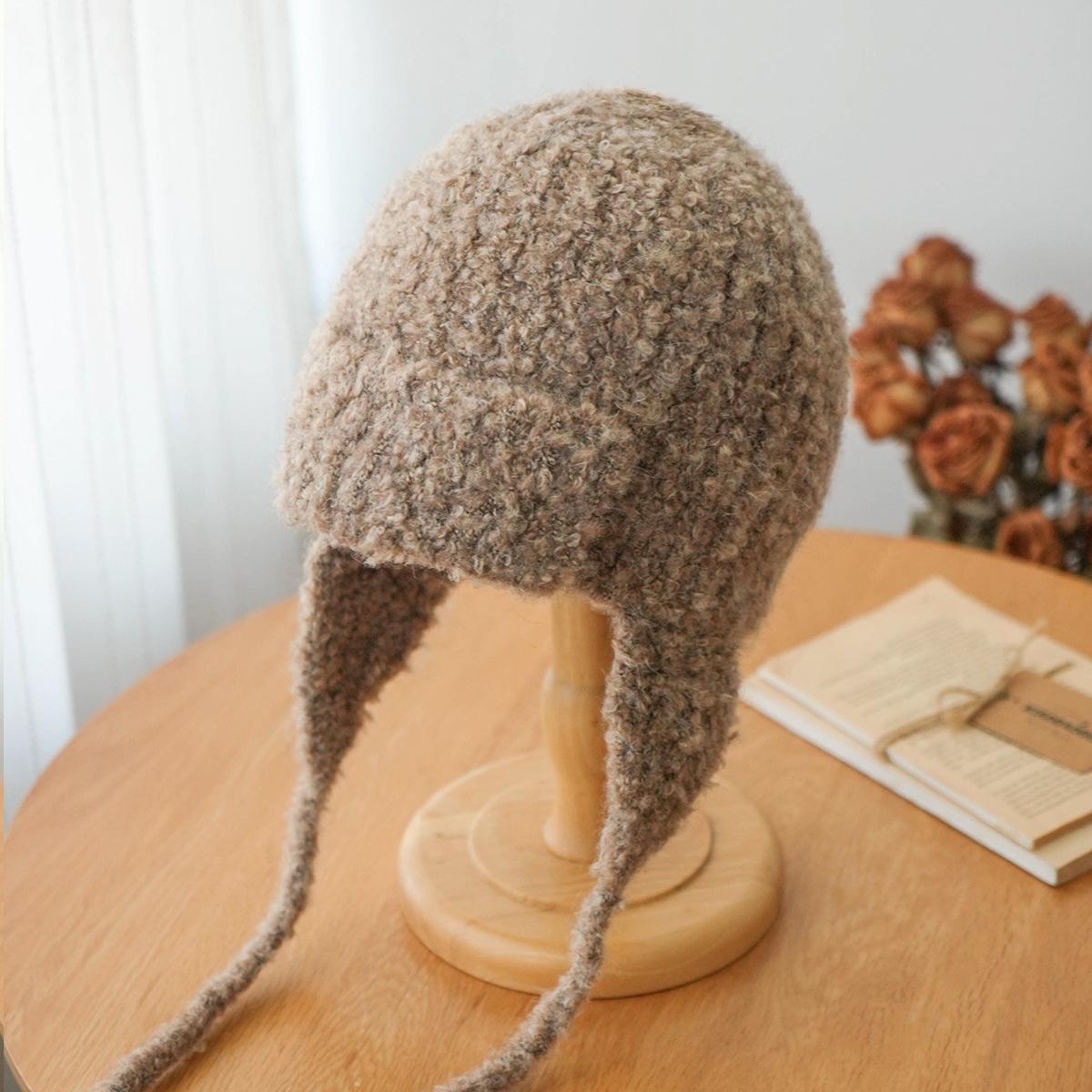 

Autumn and Winter Solid Color Ear Protection Flying Hat for Women Cycling Tethered Windproof and Warm Knitted Hat Niche Versatile Woolen Hat One Size