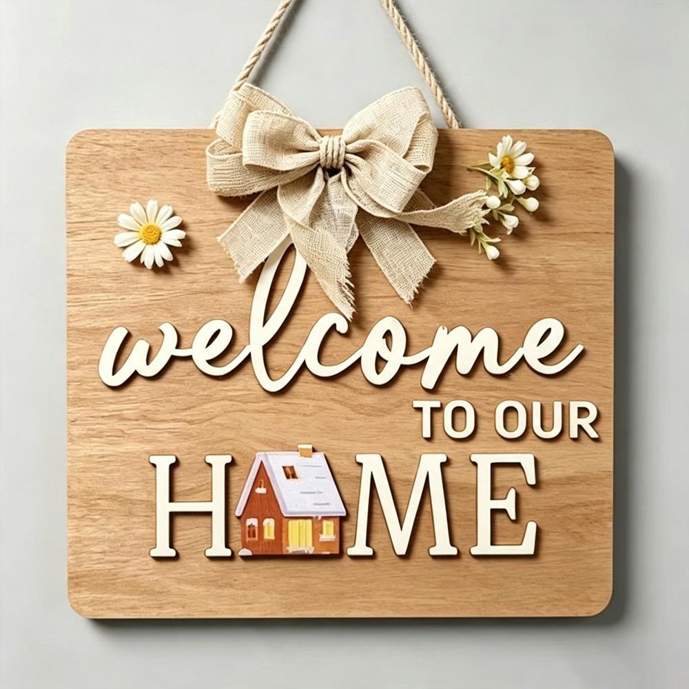 Floral Pattern Wooden Door Sign 2D Flat Hanging Wooden Board Round Doorplate Holiday Decorating