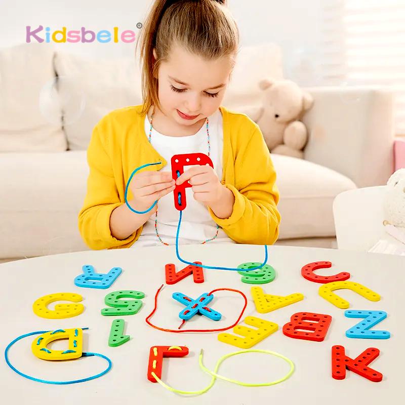 Kids Montessori Number Letter Cognition Threading Toy Wooden Block Game Hand Eye Coordination Educational Toy Ages 3 4 5 6 8 10