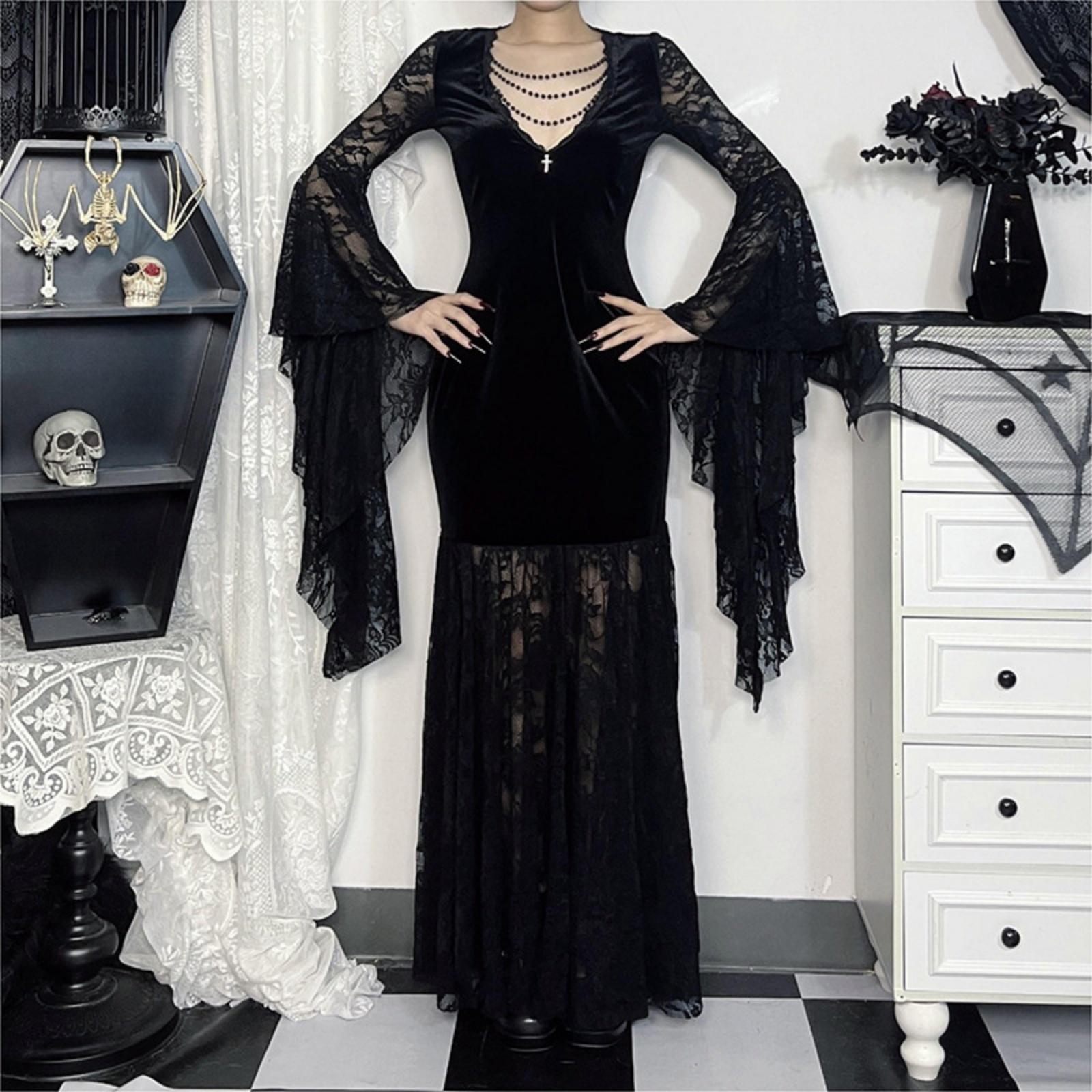 Women s Velvet V-Neck Sleeve Dress with Lace Trim, Dark Gothic for Halloween L