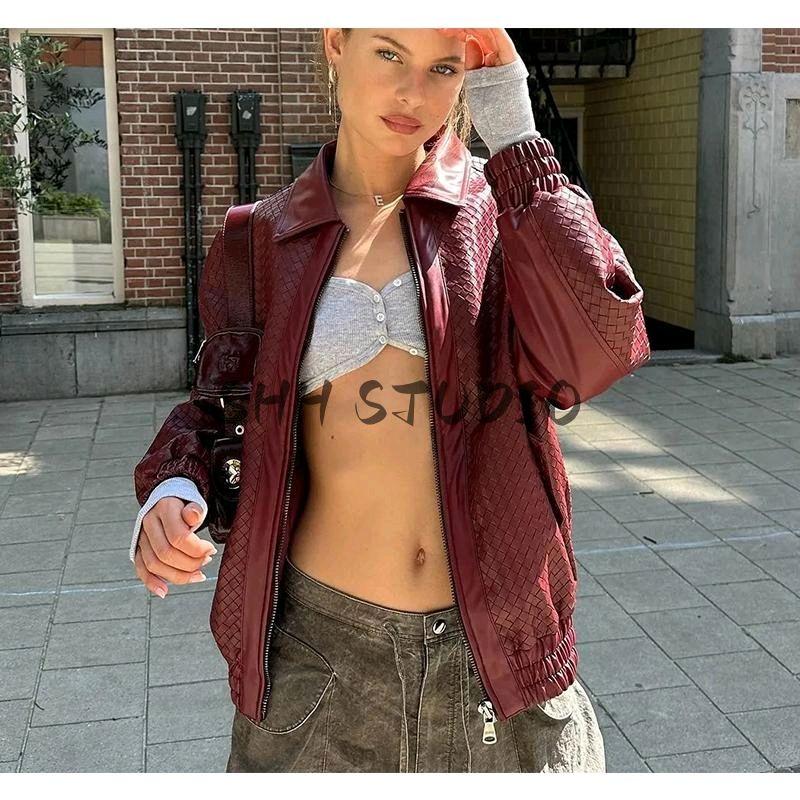 Spring New Women's Clothing Locomotive Style Casual Retro Artificial Woven Leather Pilot Jacket Baggy Coat